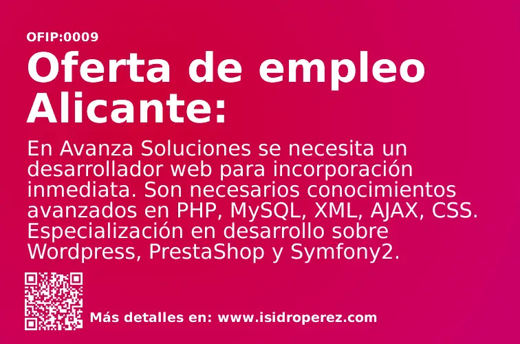 Oferta Empleo: Se busca desarrollador web Alicante para incorporación inmediata en Avanza